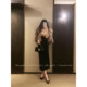 Rice chestnut black stitching slimming waist knitted suspender skirt