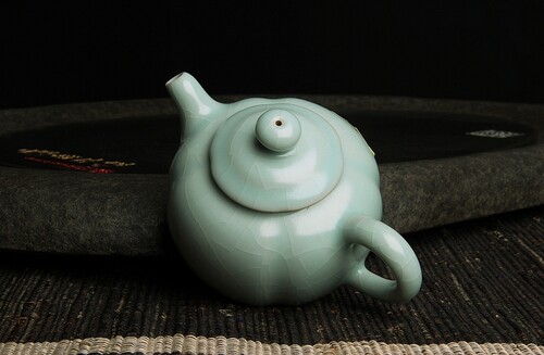 台湾柏采汝窑茶具豆青釉 柏采窑 HR-106圆金壶圆瓜汝瓷开片泡茶壶 - 图2
