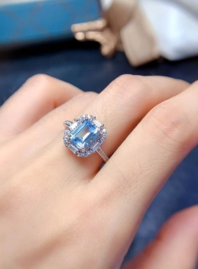 精致925纯银吊坠戒指套装镶嵌长方枕形6*8海蓝宝空托银托定制加工