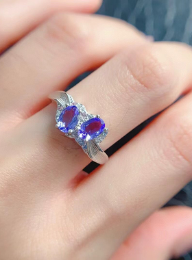 925纯银镶嵌天然坦桑石戒指镶嵌2粒椭圆形4×6空托银托裸石代镶嵌