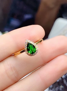 天然透辉石祖母绿925纯银戒指活圈水滴形5*7宝石银托空托来图定制
