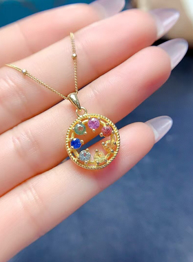 925纯银吊坠镶嵌锁骨链圆3×3天然彩蓝宝石空托银托来石定制加工