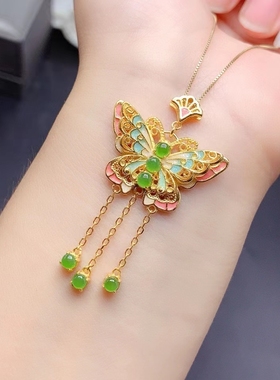 国风蝴蝶流苏吊坠项链锁骨链6粒圆3*3空托银托来石镶嵌定制颈饰