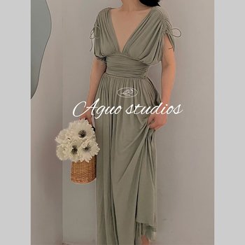 Aguo ຝຣັ່ງ retro ແບບກເຣັກ Modal pleated sexy ກະທັດຮັດ dress ຍາວກາງສໍາລັບແມ່ຍິງ