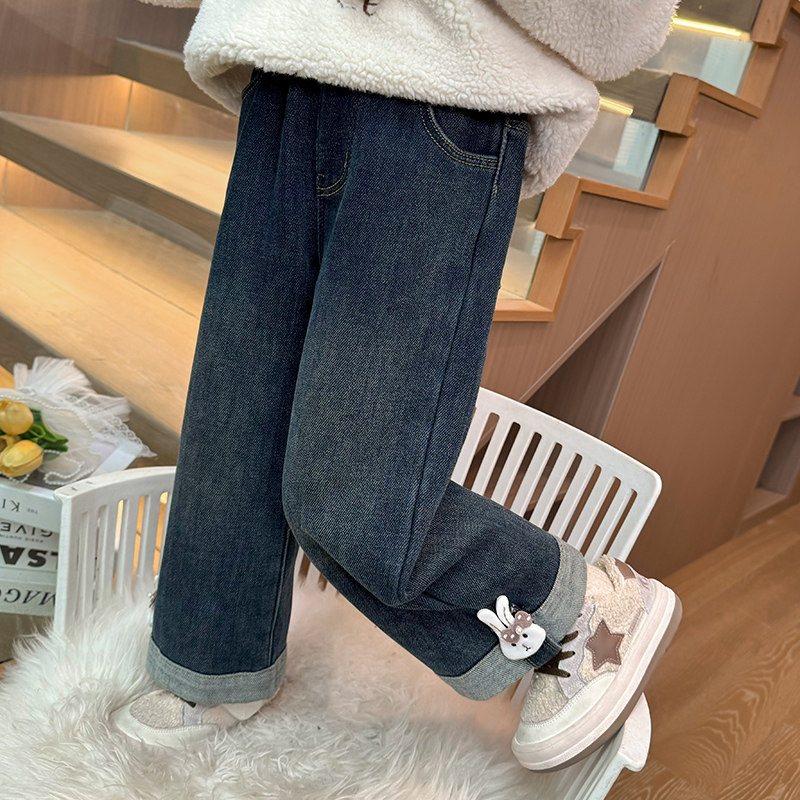 女童加绒牛仔裤冬装秋冬新款洋气儿童女孩加厚宝宝一体绒直筒裤子,淘宝优惠券,粉丝福利购,淘宝优惠卷