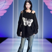 2023年新款宽松秋冬设计感破洞针织衫上衣毛绒蝴蝶结慵懒风毛衣女