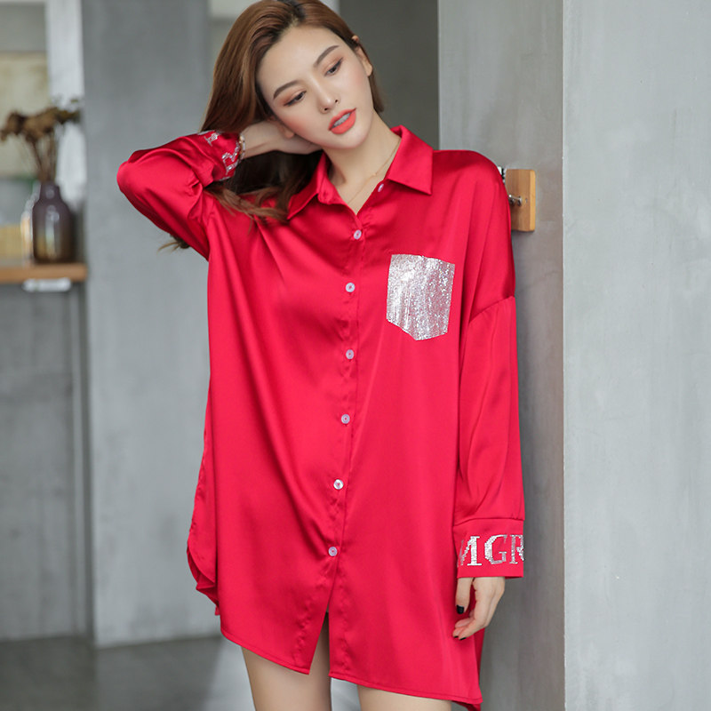 2021年新款带钻衬衫春秋冰丝睡裙 pxfc睡裙