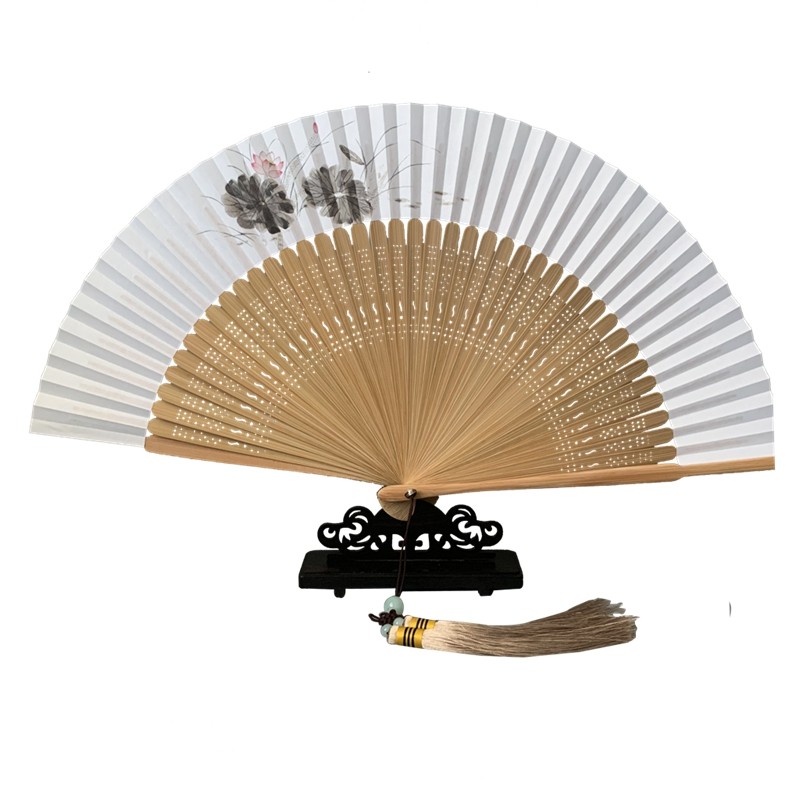 中国风扇子水墨古风男女式竹柄折扇手绘风双面串荷花竹林纸扇旗袍_虎窝淘