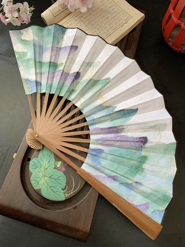 中国风扇子古风男生布面9寸竹山水绿色双面汉服折扇折叠夏季纳凉 - 图0