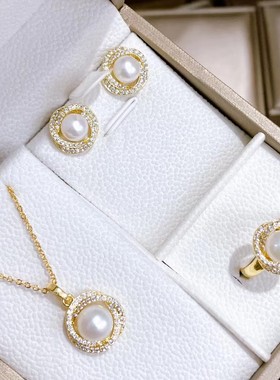 香港壹刻珠宝14k注金天然淡水珍珠套装项链耳钉开口戒指送礼