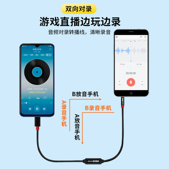 对录线内录3.5mm互录音频线双向转换器设备安卓Type c手机平板笔记本电脑声卡乐器麦克风直播转接头适用苹果