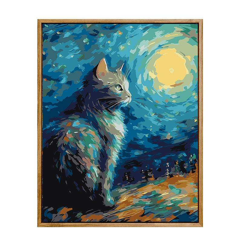 星空猫画画diy数字油画填充填色卡通抽象手工手绘涂色解压油彩画_
