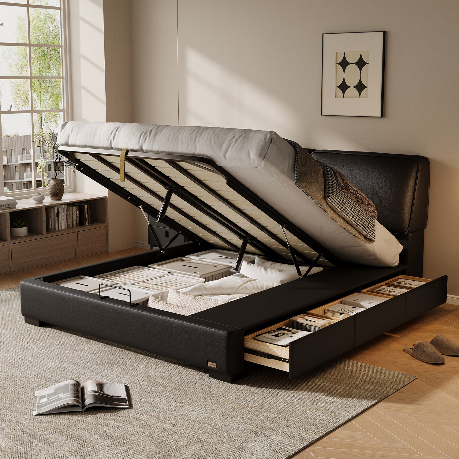 龙凤家居 简约高端大黑牛头层牛皮软床主卧现代轻奢家居意式 3136 - 图0