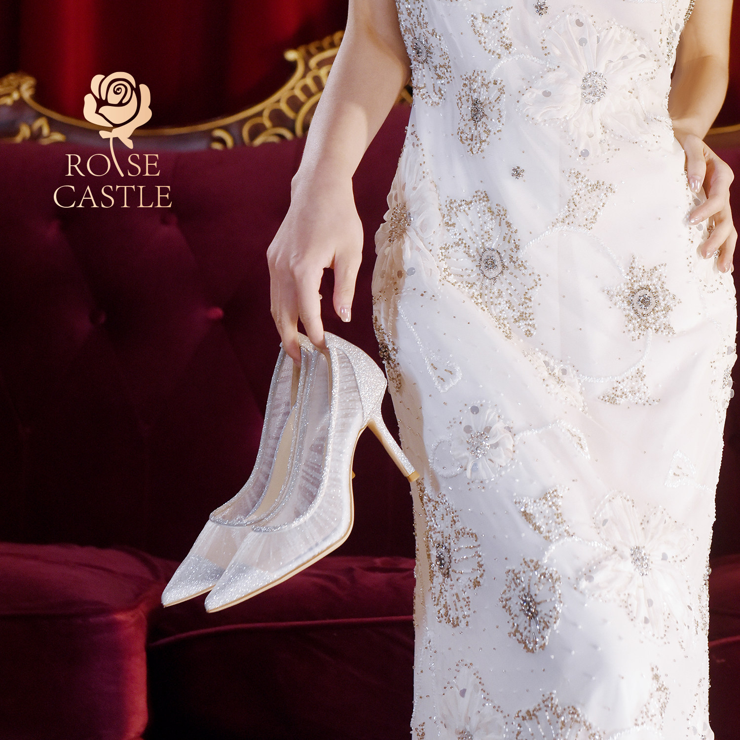 皎月浮光 rosecastle 婚鞋女尖头浅口时尚单鞋银色蕾丝宴会高跟鞋,淘宝优惠券,粉丝福利购,淘宝优惠卷