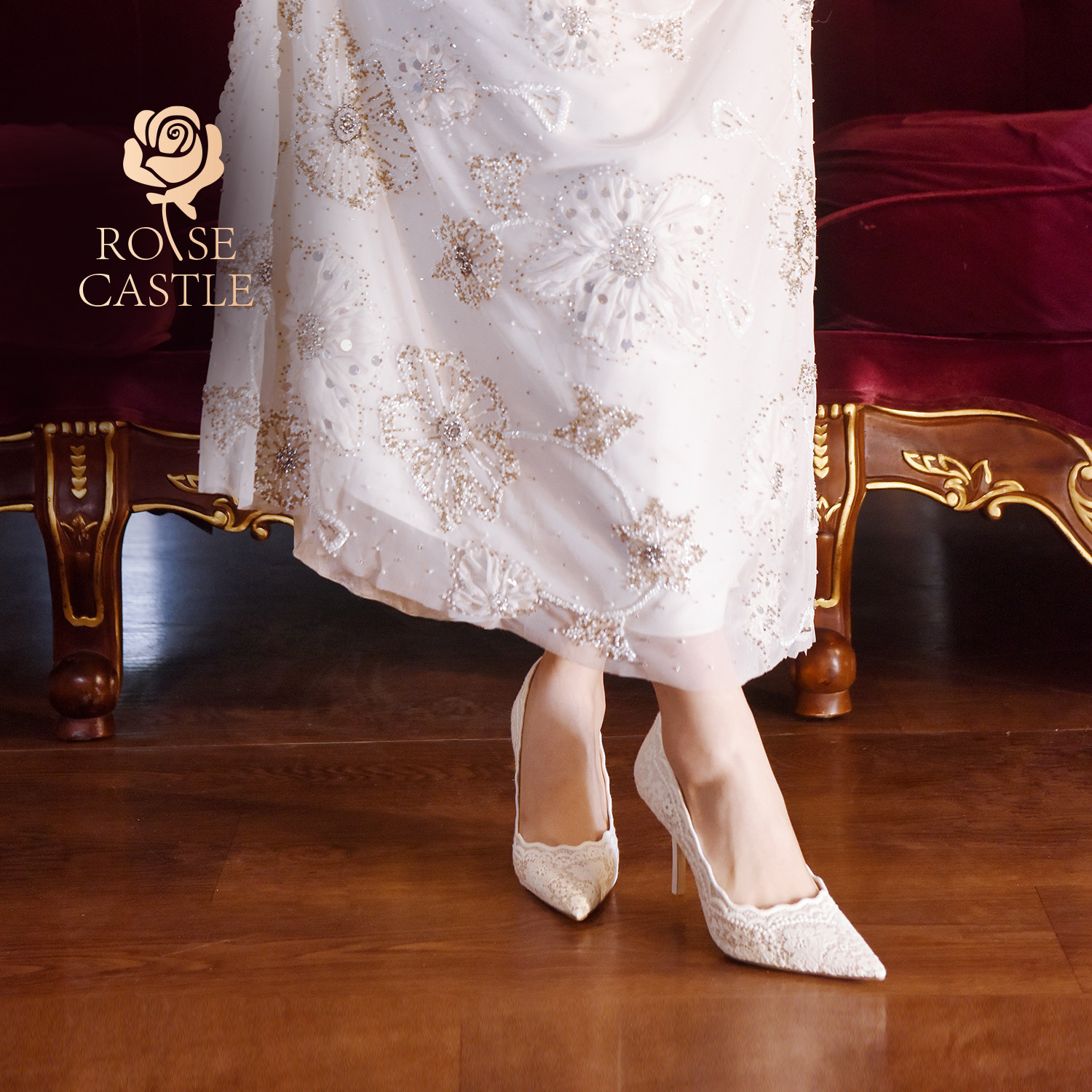 月下蔷薇 rosecastle 白色蕾丝婚鞋女新娘鞋细跟不累脚宴会高跟鞋,淘宝优惠券,粉丝福利购,淘宝优惠卷