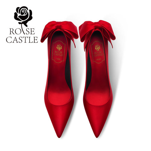 rose castle红色秀禾婚鞋女蝴蝶结尖头高跟新娘鞋绸缎礼服敬酒鞋 - 图0