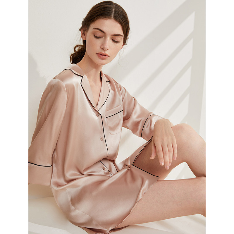 金三塔衬衫式女100%桑蚕丝性感睡裙 金三塔浙江睡裙