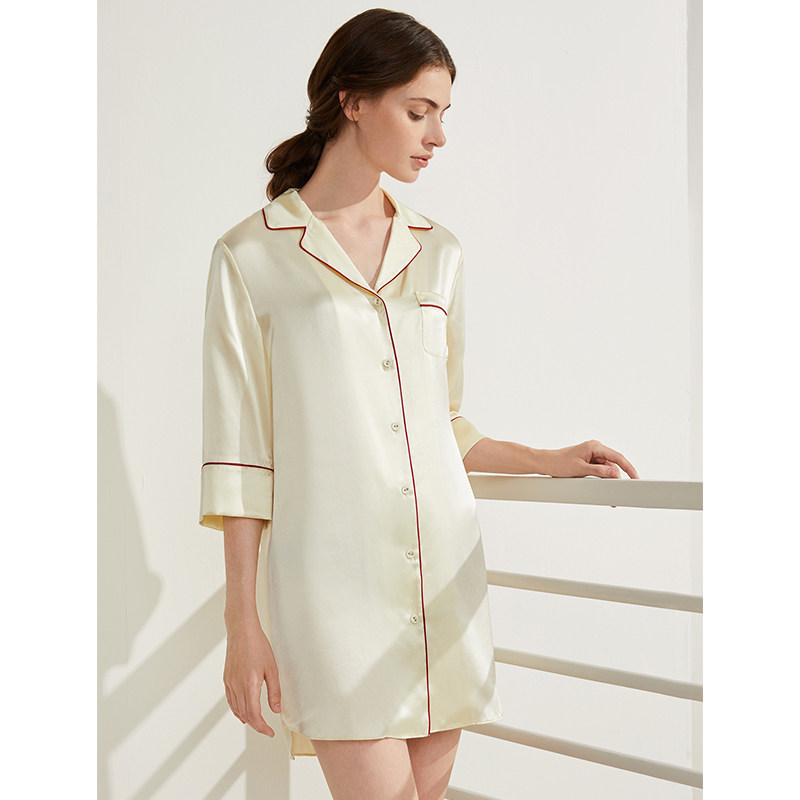 金三塔衬衫式女100%桑蚕丝性感睡裙 金三塔浙江睡裙