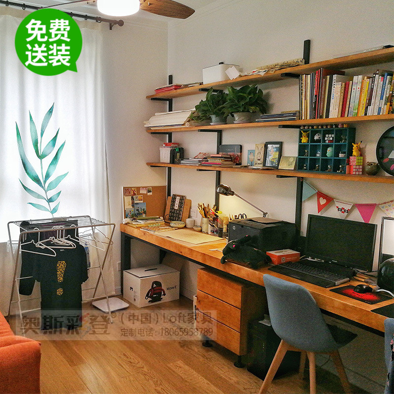 loft雙人實木書桌書架組合書房家用長桌寫字檯定製情侶臺式電腦桌