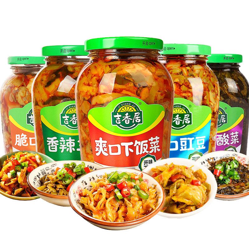 吉香居爽口下饭菜瓶装榨菜350g*3开味酸菜香辣三丝脆口豇豆酸豆角