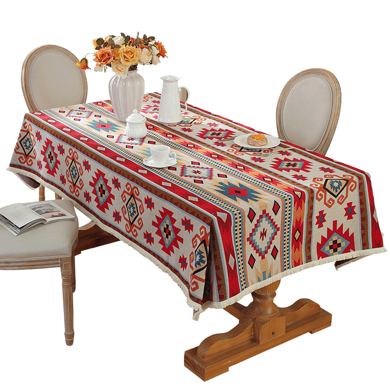复古美式加厚棉麻布艺桌布民族风提花餐桌布油画感茶几长方形台布 - 图2