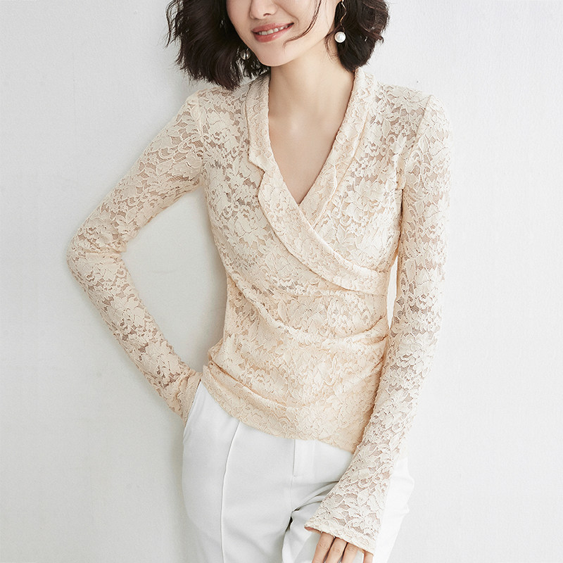 sofa性感镂空交叉v领蕾丝秋女内搭 sofa蕾丝衫/雪纺衫