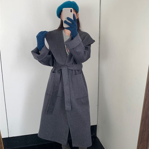 诺诺感连帽开襟羊毛外套(配腰带)（含65.8绵羊毛）s565A1 - 图1