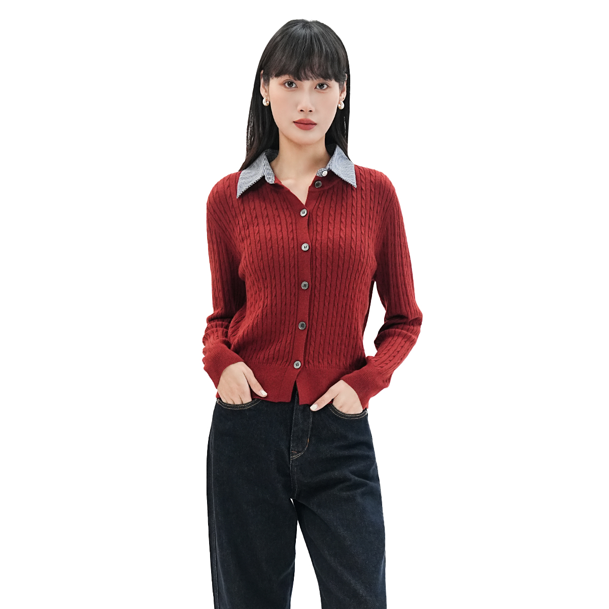 歌蒂诗2025秋季新款时尚简约假两件衬衫领针织开衫外套3F11Z1751A - 图3