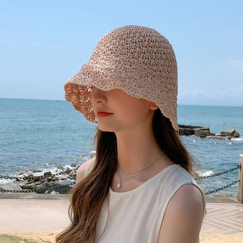 草编帽子女夏日透气日系手工编织显脸小桶帽韩版百搭可折叠遮阳帽 - 图3