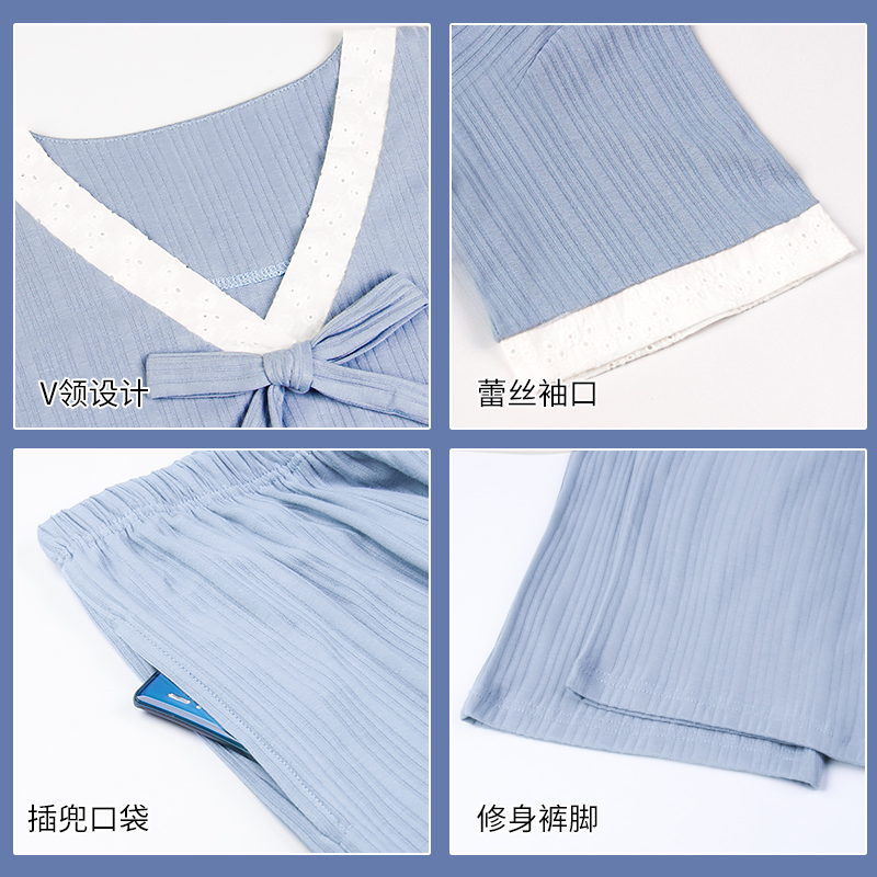 兰秀美旗舰店睡衣女春秋长袖长裤纯棉薄款秋冬季纯色简约家居服全棉两件套装女1