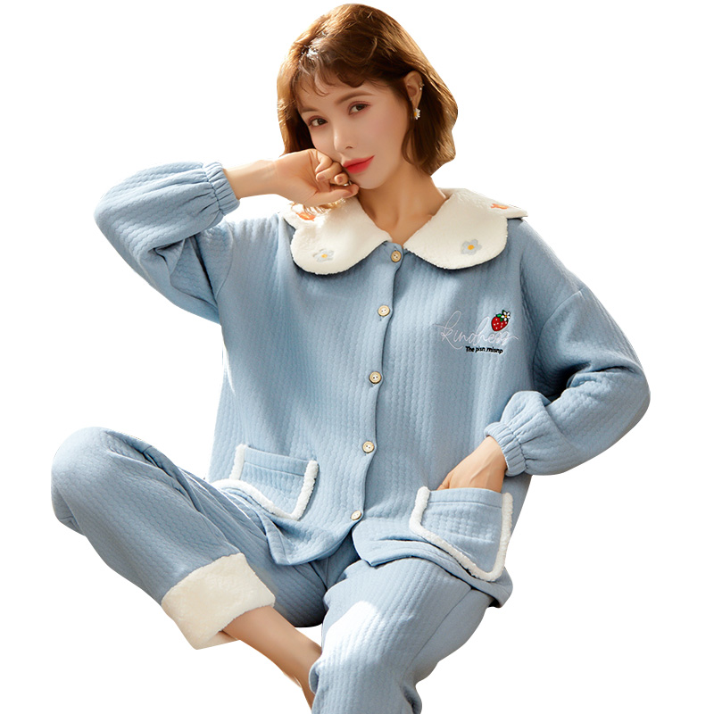 兰秀美旗舰店春秋冬季空气棉夹层睡衣女纯棉加厚夹棉保暖两件套装家居服可外穿3
