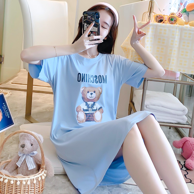 兰秀美旗舰店睡裙女夏季纯棉薄款短袖裙甜美性感睡衣女士夏天大码家居服夏天女0