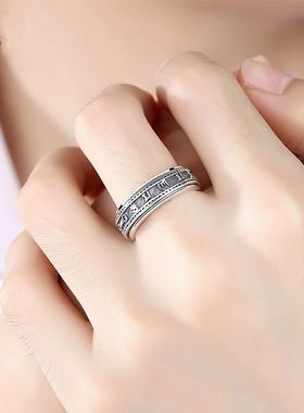 男士纯银戒指单身霸气六字真言99足银食指闭口可转动泰银复古指环