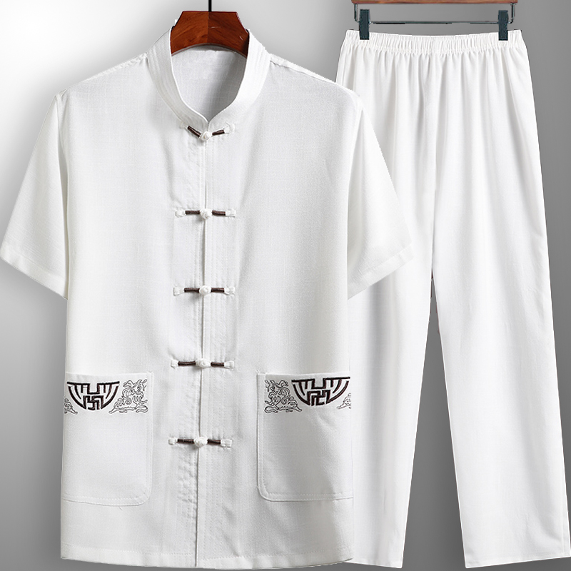 杰菲迪旗舰店唐装套装男士短袖休闲爸爸装亚麻爷爷衬衫棉麻T恤夏装中国风/2