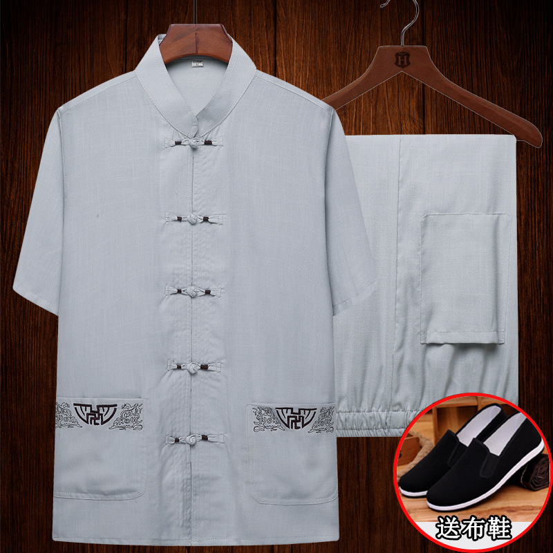 杰菲迪旗舰店爸爸夏季衣服中老年人唐装半袖亚麻套装男棉麻短袖装中山装爷爷装3