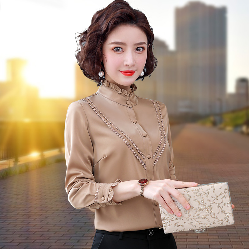 加绒缎面雪纺衬衫女长袖立领打底衫 粉萱服饰衬衫