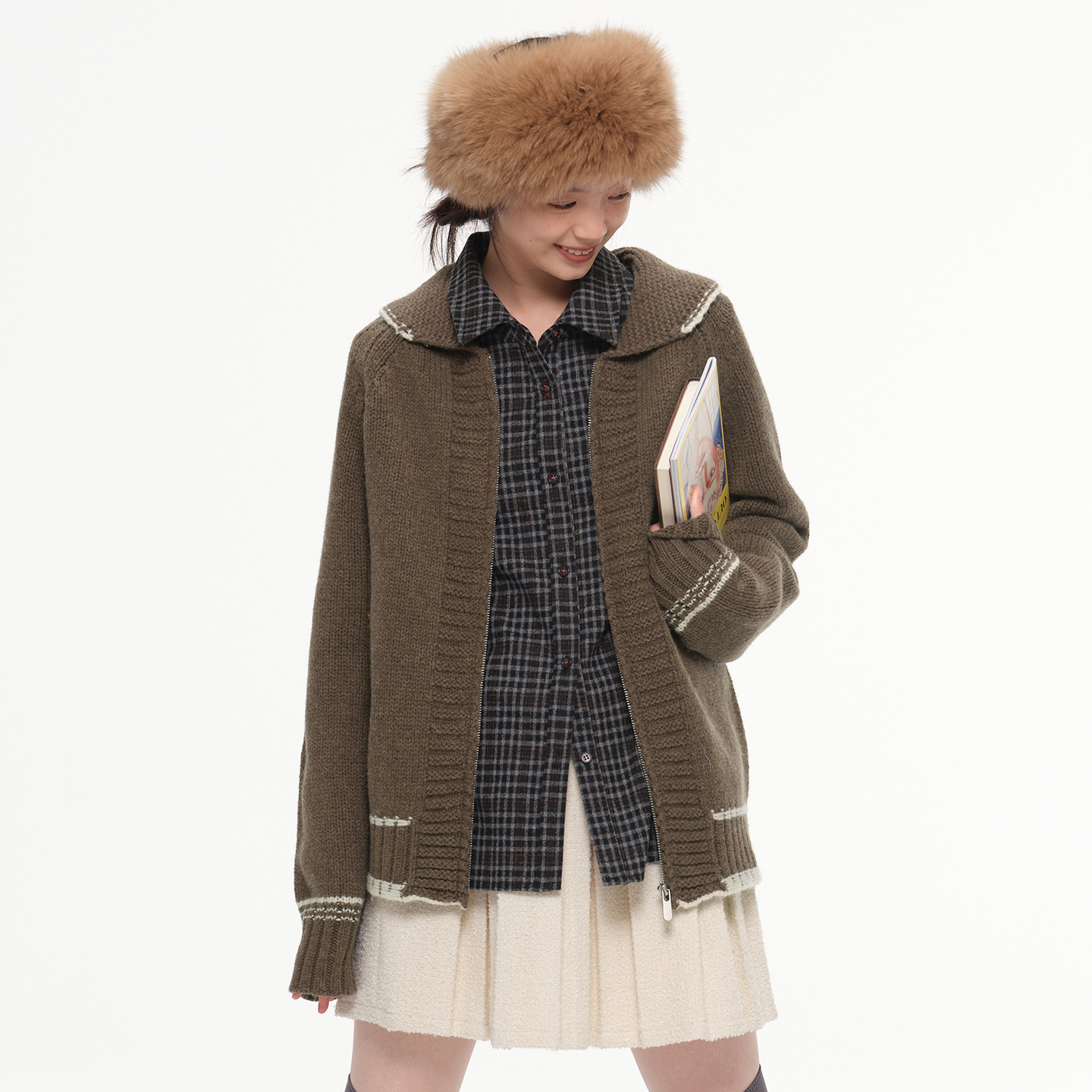 【新品9折】omont蛋挞家100%羊毛复古棒球风拉链针织开衫毛衣外套 - 图0