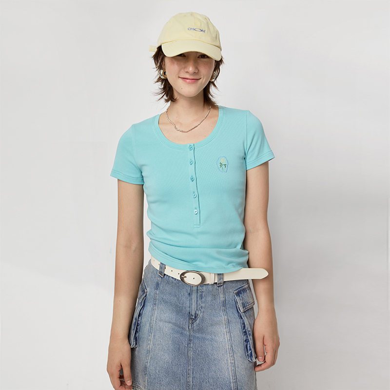 omont蛋挞家 复古玫瑰刺绣短袖T恤夏季新款正肩修身显瘦上衣 - 图0