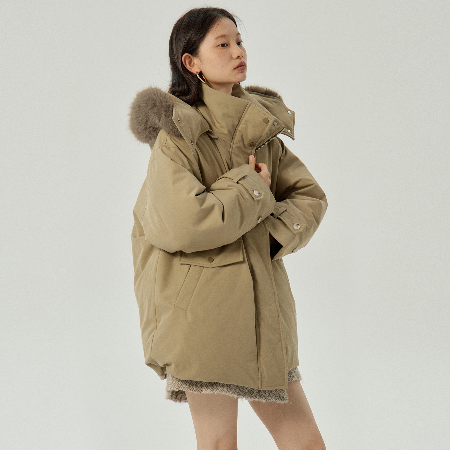 omont蛋挞家 90白鸭绒巴恩风羽绒服女冬季保暖连帽毛领工装派克服 - 图2