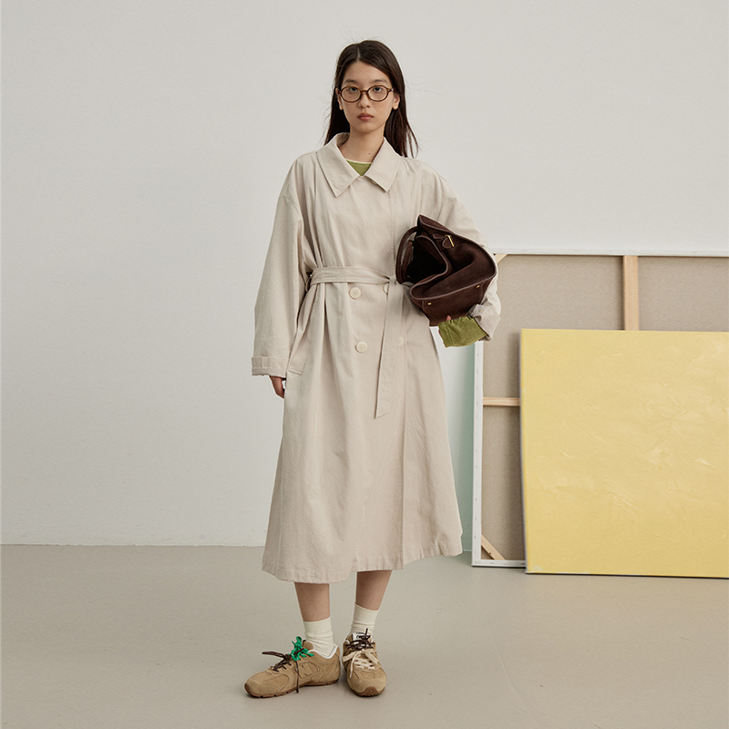 omont蛋挞家 复古双排扣风衣外套春秋季新高级感宽松中长款大衣 - 图1