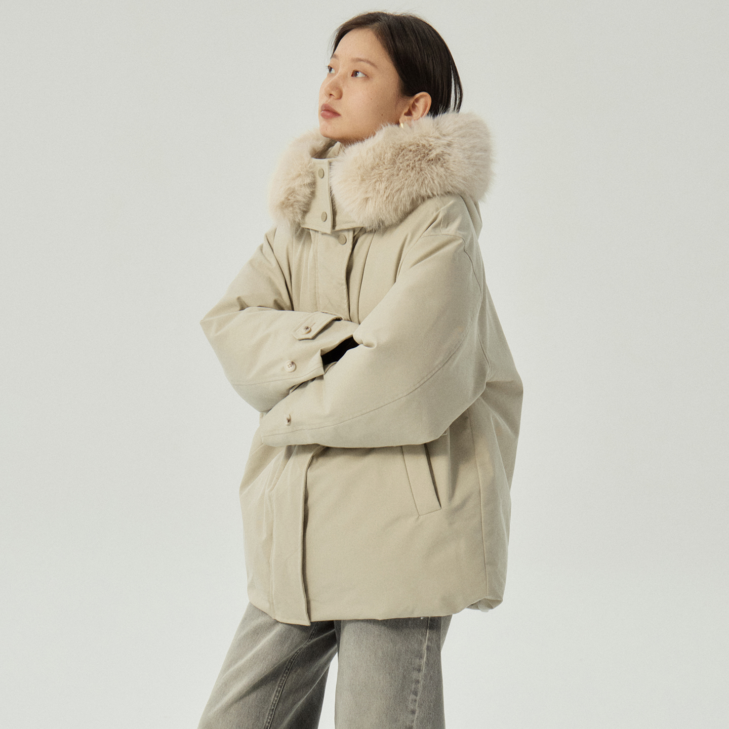 omont蛋挞家 90白鸭绒巴恩风羽绒服女冬季保暖连帽毛领工装派克服 - 图1