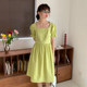 Omont egg tarts square collar puff sleeve dress