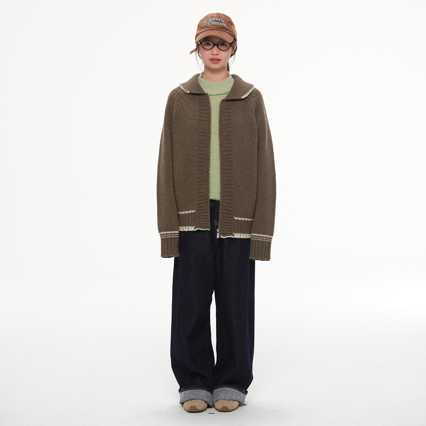 【新品9折】omont蛋挞家100%羊毛复古棒球风拉链针织开衫毛衣外套 - 图2