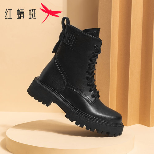 红蜻蜓女鞋 2025冬季新款英伦风马丁靴女ins潮百搭厚底真皮厚底靴 - 图2