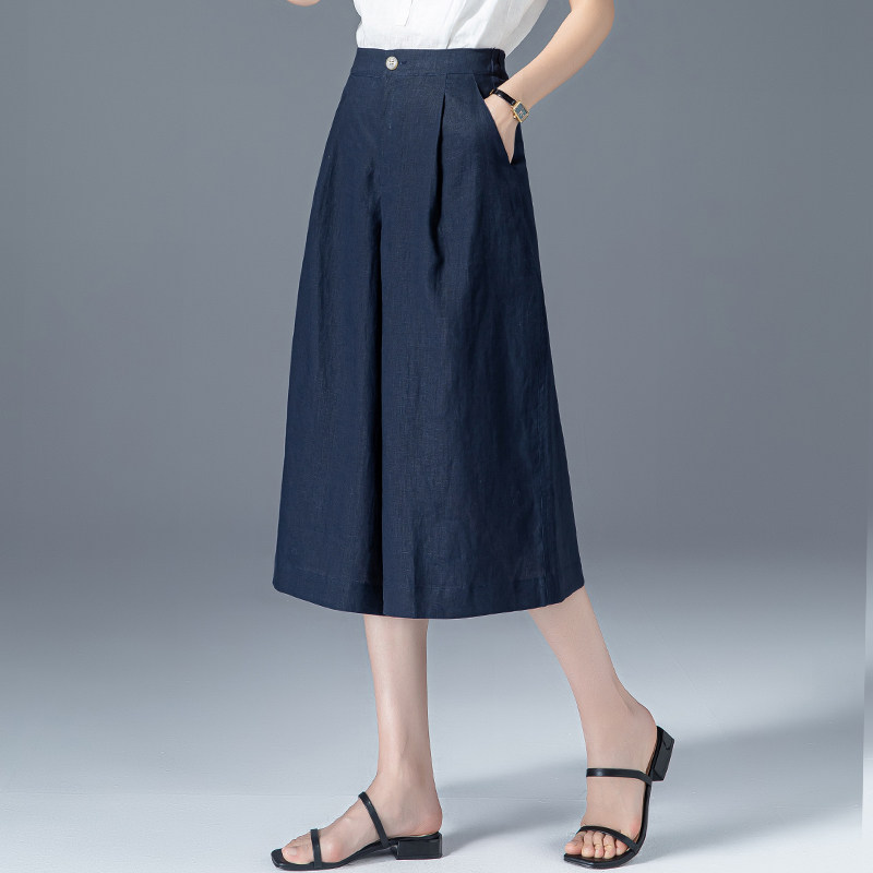 藏青色棉麻阔腿裤夏薄款直筒裤子 凌丹娜休闲裤
