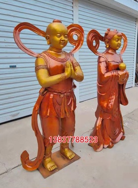 黄铜金童玉女铜像大号中式童男童女送财童子一对摆件铜器雕塑定制