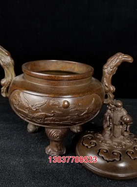 全铜仿古风福寿盘香炉工艺摆件