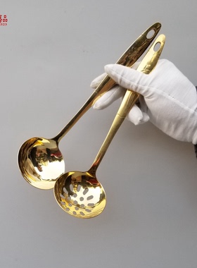 纯铜汤勺加厚家用火锅黄铜汤勺漏勺紫铜饭勺长柄大号汤漏勺家用