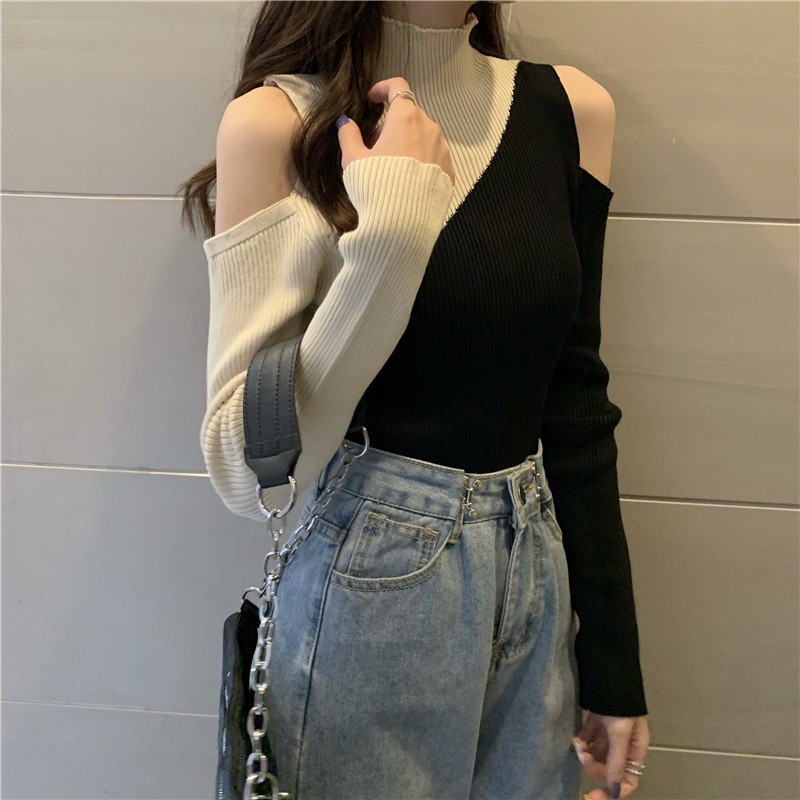 港味风格露肩长袖针织衫女春秋新款设计感小众毛衣显瘦打底衫上衣,淘宝优惠券,粉丝福利购,淘宝优惠卷