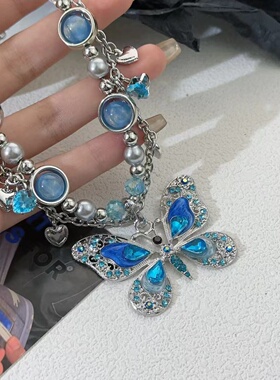 Y2K蓝色蝴蝶重工项链男女轻奢小众设计感朋克辣妹锁骨链颈链配饰